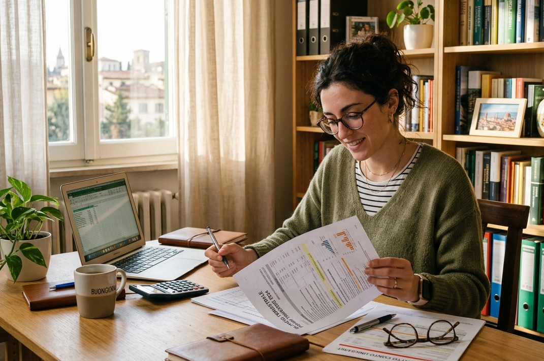 Persona che studia documenti finanziari in un ufficio ordinato con luce naturale
