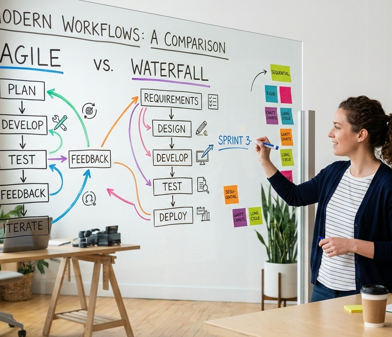 Lavagna con diagrammi comparativi di strategie finanziarie e frecce colorate