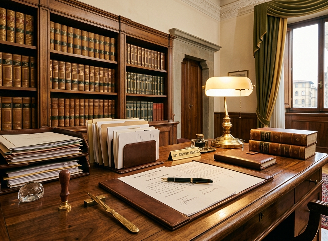 Studio professionale con libri di diritto e documenti legali sulla scrivania