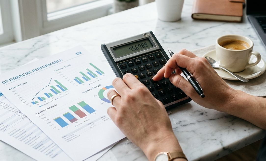 Primo piano di mani che utilizzano una calcolatrice con grafici finanziari sullo sfondo